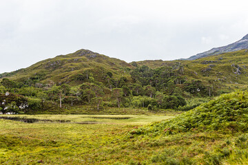Fototapeta premium High green mountains with lakes and grassy meadows in a typical Highland landscape, Scotland. Knockan Crag is a series of cliffs in Assynt, Scotland