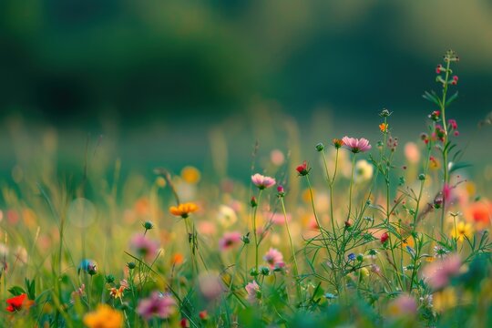 Wildflowers on Green Meadow. Beautiful Natural Background in Rural Summer Field