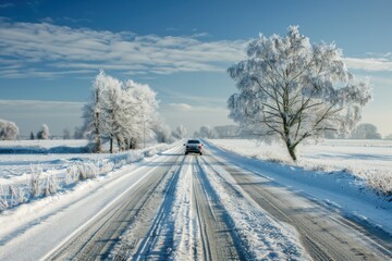 Obraz premium Winter Road Travel: Scenic Snowy Landscape with Car Driving in Cold White Nature