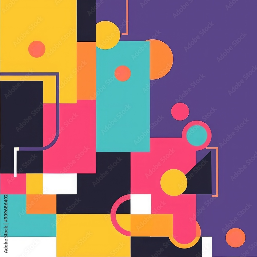 Poster minimal geometric background with bright colorful squares and circular elements, vector illustration