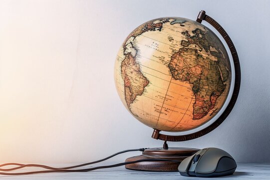 Vintage globe connected to a computer mouse, symbolizing global connectivity and the merging of traditional and digital worlds.
