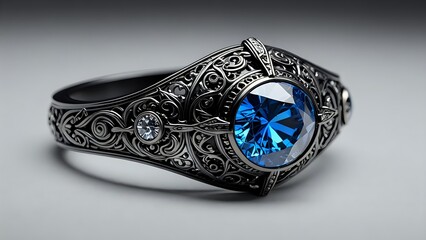 Intricate silver ring with a large blue sapphire gemstone and smaller diamond accents.