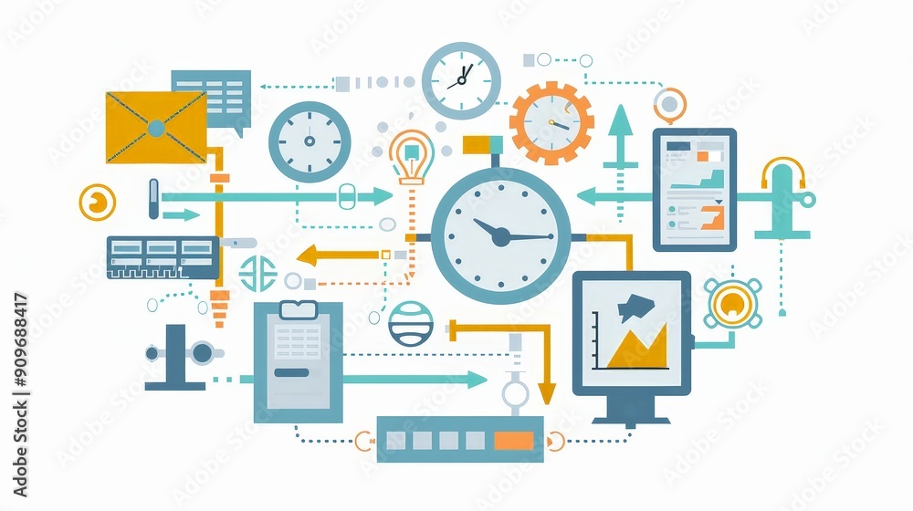 Poster workflow systems, showcasing tools, schedules, and efficiency symbols to optimize operational proces