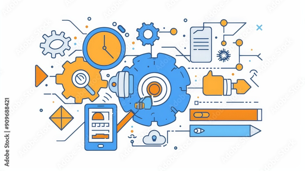 Poster workflow systems, showcasing tools, schedules, and efficiency symbols to optimize operational proces