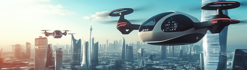 Naklejka premium Autonomous drone taxis in a futuristic city, illustrating advanced transport