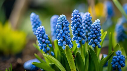 Muscari, or grape hyacinths, small blue flowers resembling clusters of grapes, popular in Easter gardens and floral decorations.
