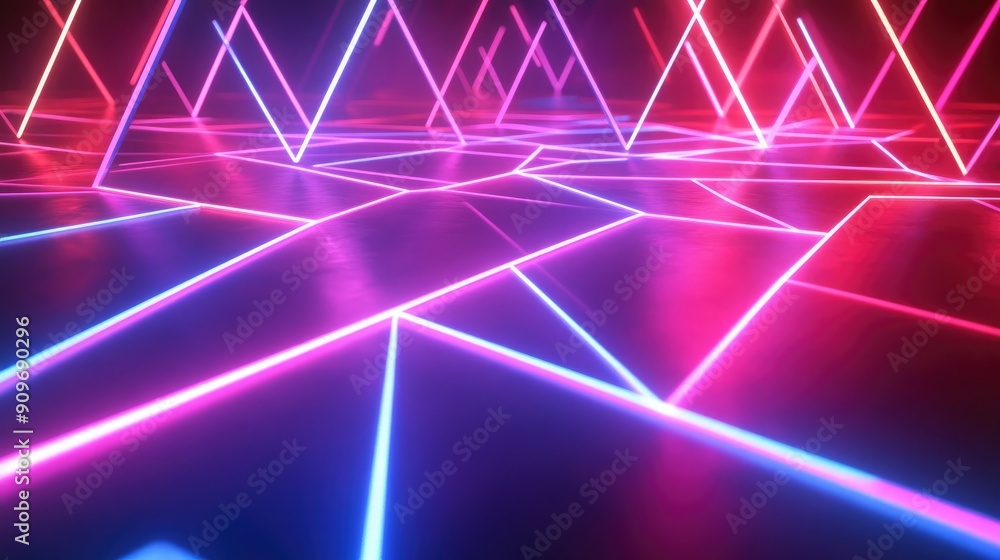 Poster 3d geometric patterns with glowing neon lines, abstract background