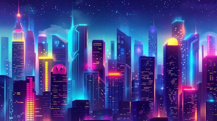 Neon cityscape background with glowing skyscrapers and vibrant neon signs, perfect for a Flappy Bird game