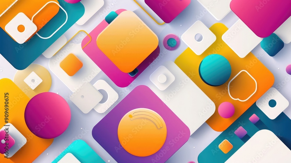 Poster bright colorful squares with round elements on a minimal geometric background, perfect for landing p