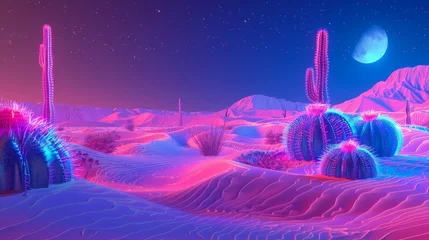 Fotobehang Neon desert landscape with glowing sand dunes, vibrant cacti, and luminescent skies, ideal for a Flappy Bird game. © Thirawat
