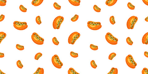 Hotdog Illustration Seamless Pattern. Fast Food Hotdog Seamless Pattern in Colorful Style. Vector Print For Fabric or Wallpaper.