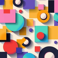 Fototapeta premium Minimal geometric background with bright colorful squares and round elements, vector illustration for cards, Playful and Vibrant