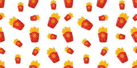 French Fries Illustration Seamless Pattern. Fast Food French Fries Seamless Pattern in Colorful Style. Vector Print For Fabric or Wallpaper.