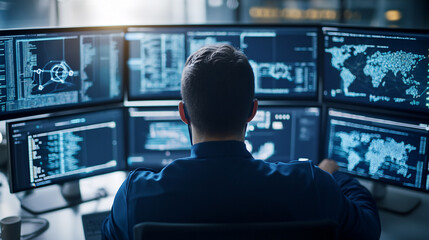 A cybersecurity analyst monitoring multiple screens displaying complex data and global maps, highlighting the critical role of cybersecurity in protecting information systems.