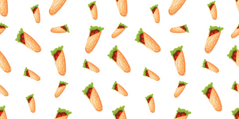 Taco Illustration Seamless Pattern. Fast Food Taco Seamless Pattern in Colorful Style. Vector Print For Fabric or Wallpaper.