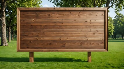 A blank wooden sign in a green meadow.