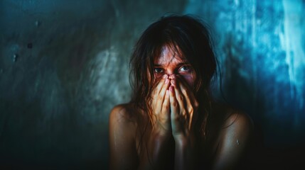 Stop violence against Women. Scared woman covering her face with her hands. Problems of sexual abuse, harassment, human trafficking, domestic violence rape. Women's day. Horizontal banner Copy space