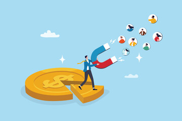 Customer acquisition cost, CAC, advertising cost for lead generation, marketing expense or spending on customer retention, optimize conversion rate concept, businessman with magnet on dollar cost.