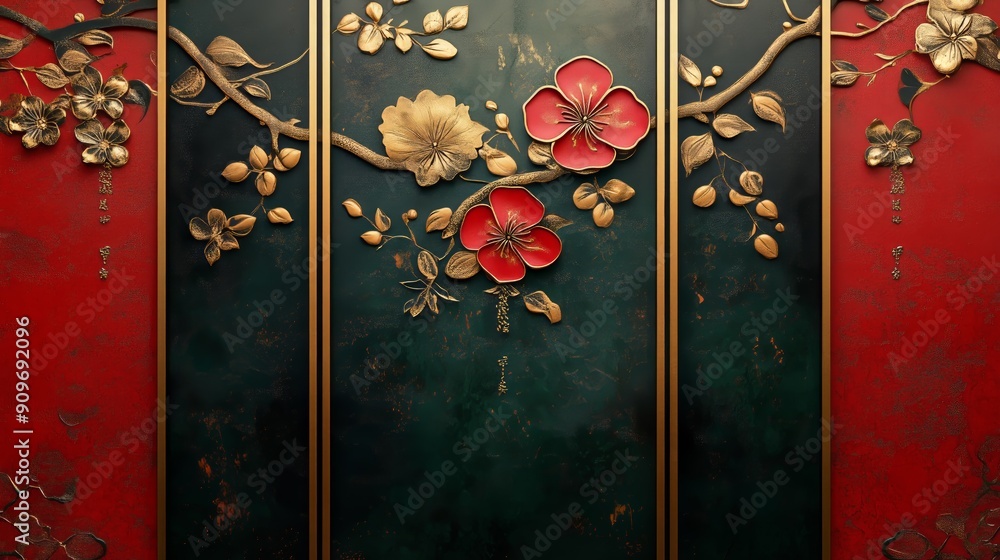 Wall mural Decorative floral patterns in gold and red create an elegant display with vivid blooms and intricate details