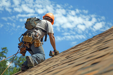 A construction worker wears a seat belt while working on the roof structure of a building at a construction site.