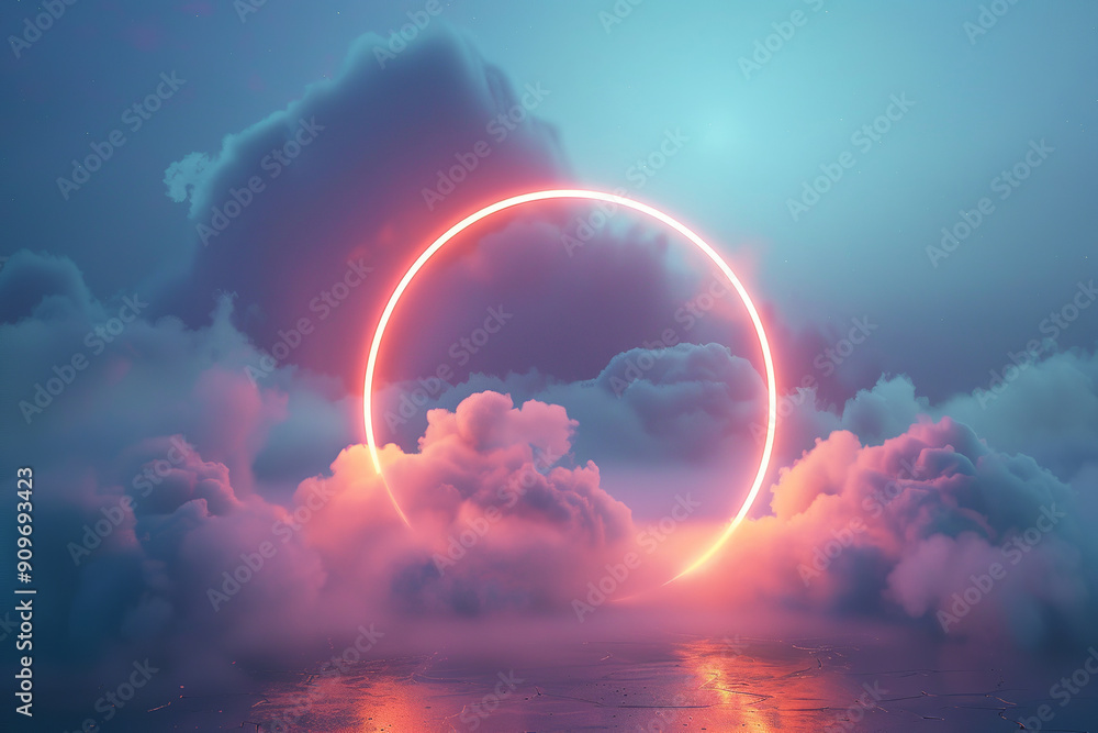Poster neon glowing geometric shape circle shape with copy space, illuminated stormy clouds, empty frame, c