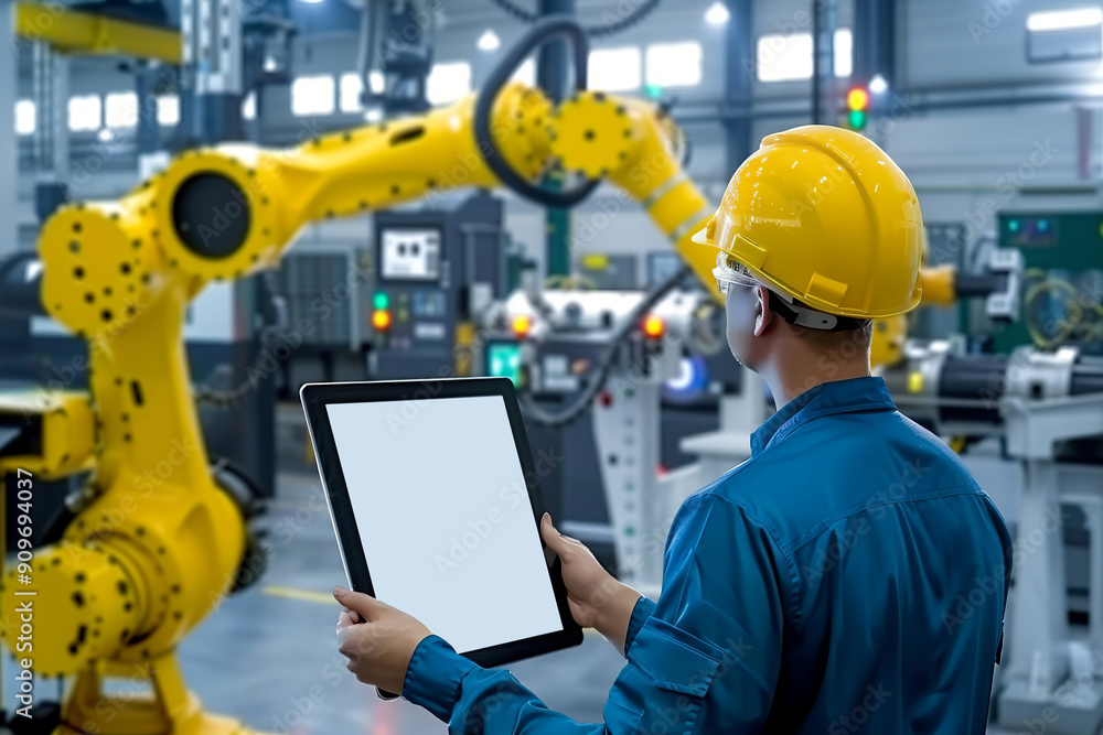 Poster industry 4.0 robot concept shot of a engineer using a digital tablet on a construction site. constru
