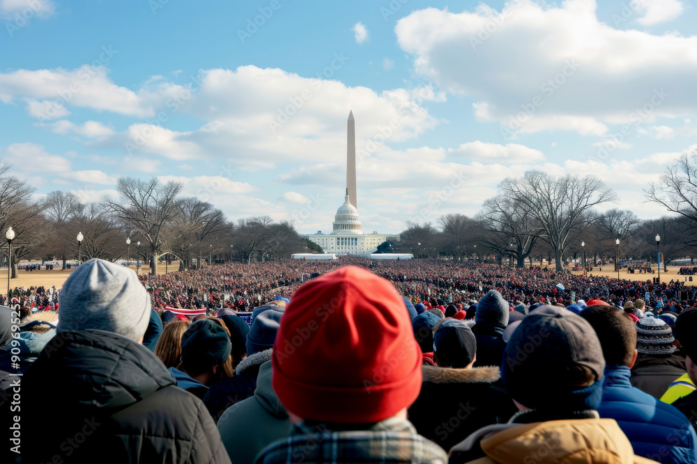 Wall mural a large crowd gathers at the washington monument on a clear winter day, showcasing unity and civic e