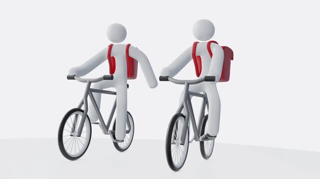 A 3D animation of a white figurine riding a bike against a white background. The figurine is wearing a big backpack.