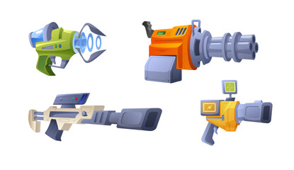 Blasters, game weapon, cartoon vector illustration isolated on white