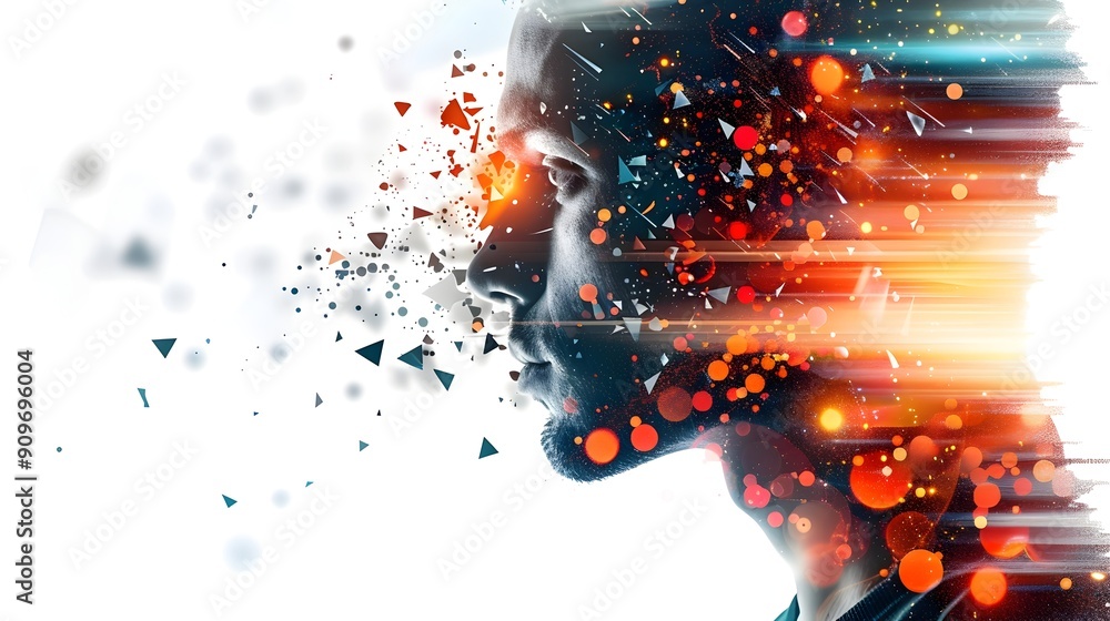Aufkleber abstract portrait of man disintegrating into lights and shapes.