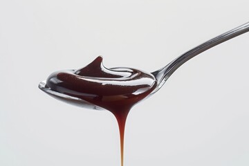chocolate sauce on spoon isolated on white background, text "CHOCOLATE DAY". banner template for product presentation