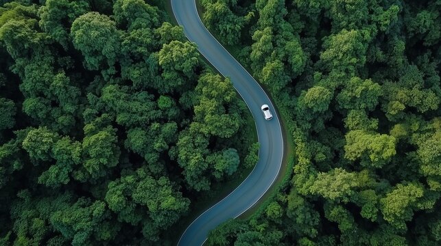 Aerial top view of a car driving through a winding forest road,  Winding road through the forest. Car drive on the road between green forest. Ecosystem ecology healthy environment road trip.Background - Powered by Adobe