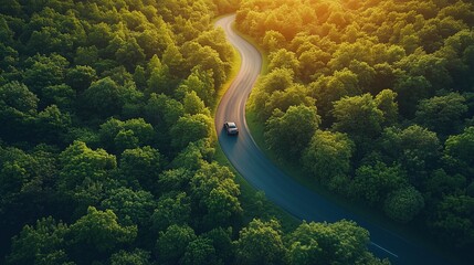 Aerial top view of a car driving through a winding forest road,  Winding road through the forest. Car drive on the road between green forest. Ecosystem ecology healthy environment road trip.Background