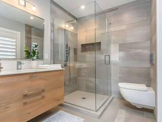 Sleek, modern bathroom with frameless glass shower enclosure, white tiles, small plant, and chrome fixtures. - obrazy, fototapety, plakaty