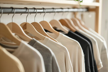 Close up of hanging clothes hang on wooden hangers generated.AI