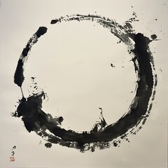A striking black ink circle on a white background, embodying simplicity and elegance in traditional Asian brush painting.