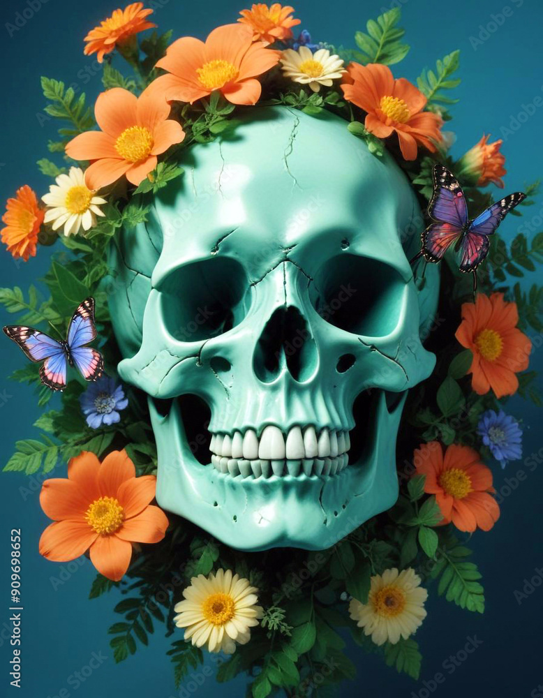 Wall mural a skull made entirely of vibrant flowers and leaves, with petals forming the contours of the face. f