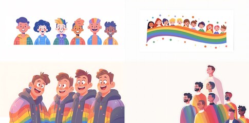 Fototapeta premium A vibrant illustration featuring a diverse group of young people celebrating Pride with joyful expressions and colorful clothing.