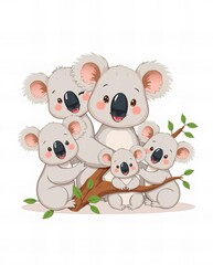 there are four koalas sitting on a branch together.