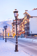 Naklejka premium Street view and mountains peak in Bansko, Bulgaria