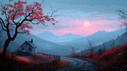 Vintage-style illustration of haunted village with menacing atmosphere.