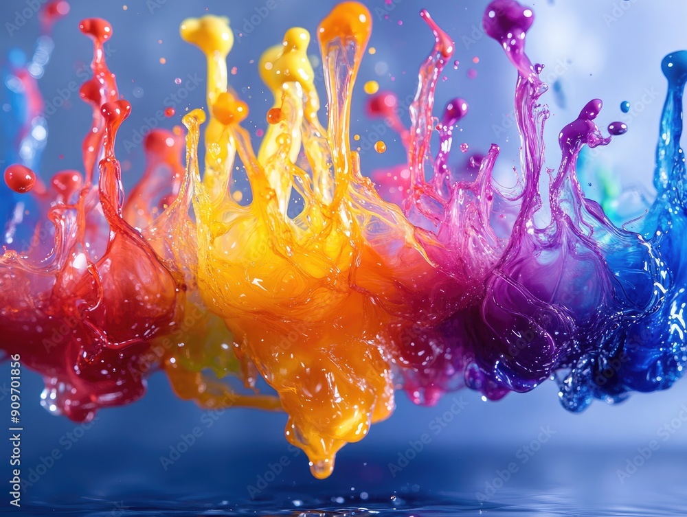 Poster neon ink drops in water, creating a colorful abstract background
