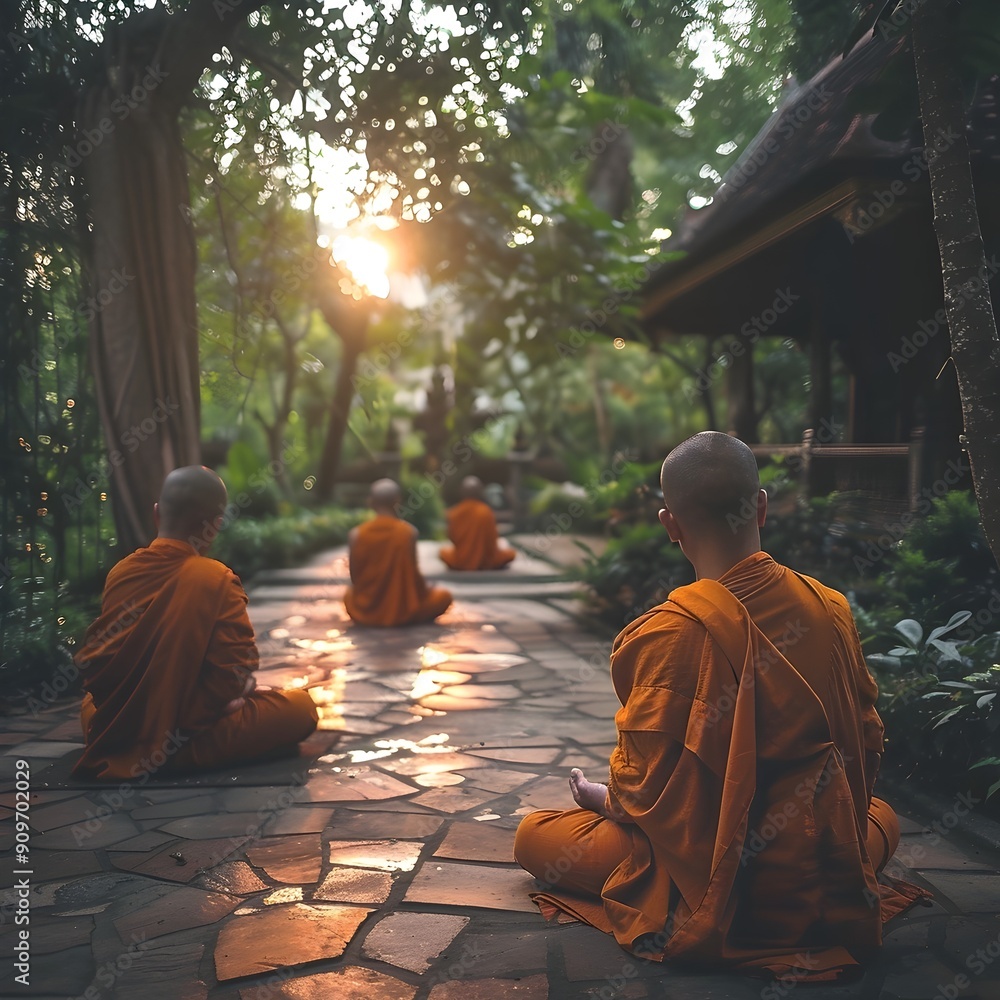 Poster Buddhist Monks Meditating in Serene Temple Garden Spiritual Tranquility Concept