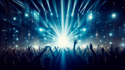 Silhouette of cheering crowd with light show for advertising flyer or background