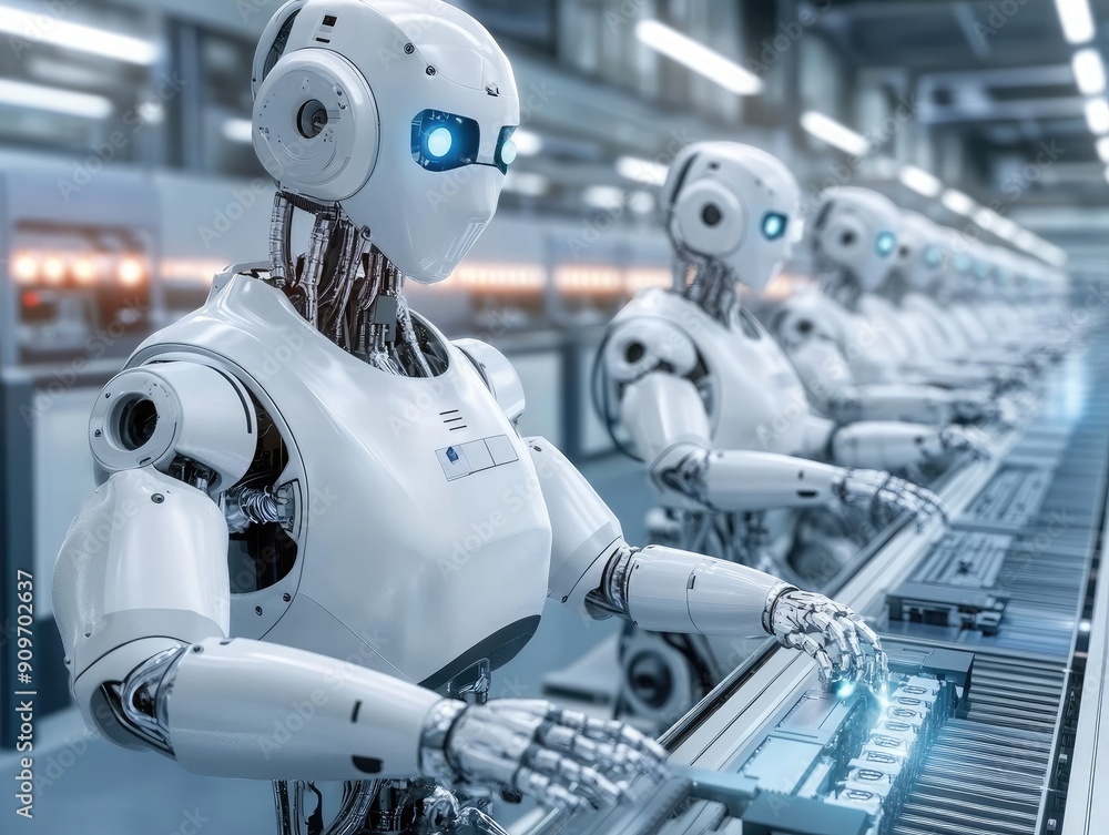 Aufkleber smart factory with robotic workers, representing automated manufacturing