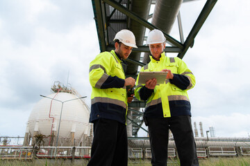 Both of Petroleum engineer is on a mission to inspect oil distillation at a huge oil refinery