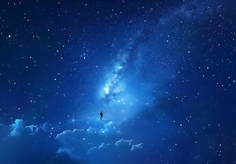 Obraz premium A lone figure stands contemplatively under a starlit sky, surrounded by a surreal sea of deep blue, symbolizing introspection and the vastness of the cosmos.