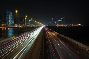 Fototapeta premium Vibrant night scene of a busy highway with light trails in a modern city skyline, showcasing urban life and energy.