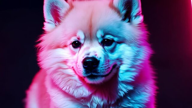 Baby samoyed in neon glow. generative ai