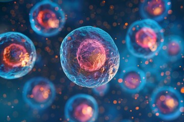 Naklejka premium Microscopic view of human cell or embryonic stem cell for medical research and education Generative AI
